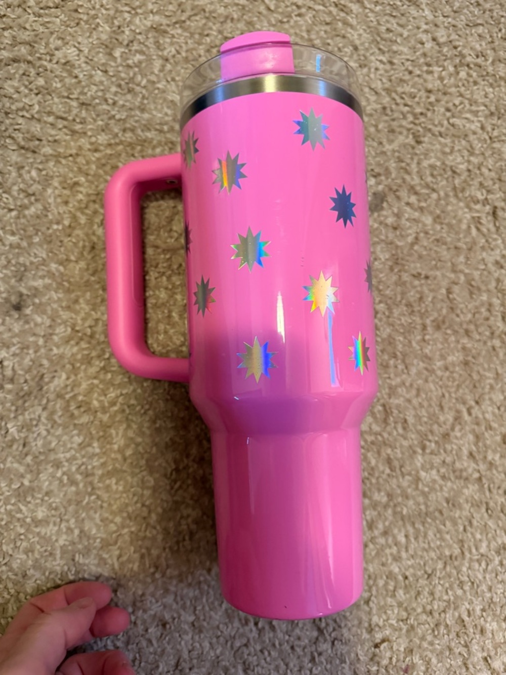 Stanley Pink Travel Tumbler with Handle and Holographic Stars - Picture 3 of 4